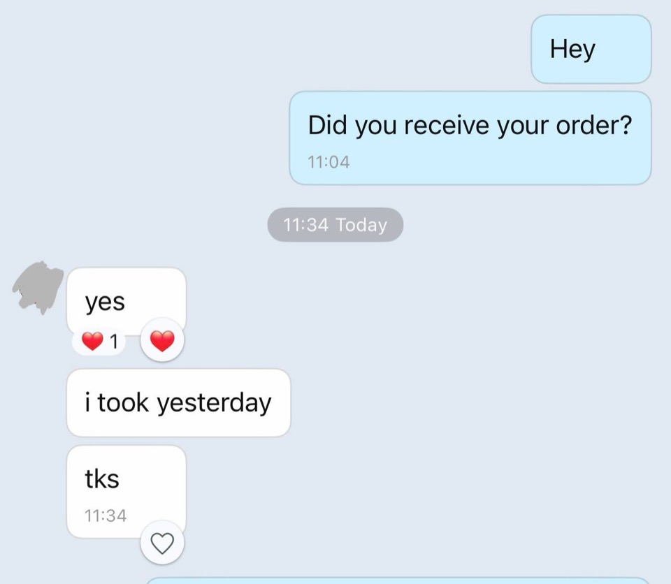 Customer message confirming a received VietPeptide order