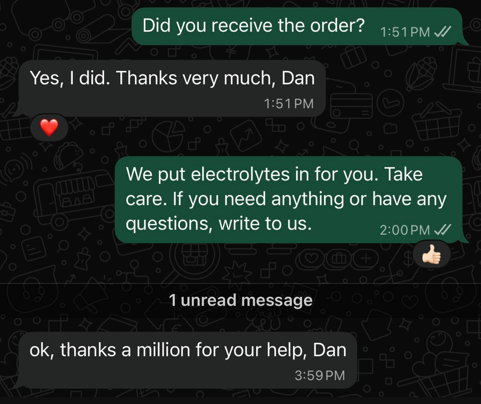 Customer message thanking VietPeptide for help after delivery